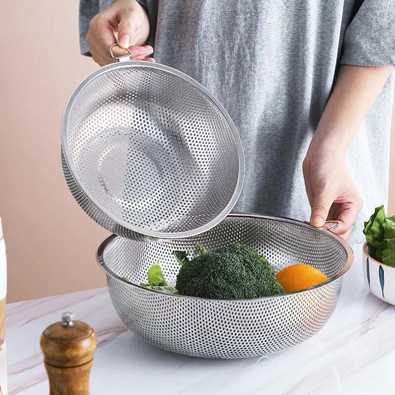 Stainless Steel Drain Basket Colander Fruit Rice Vegetable Washing Basket Strainer Drainer with Handle Kitchen Storage Tools
